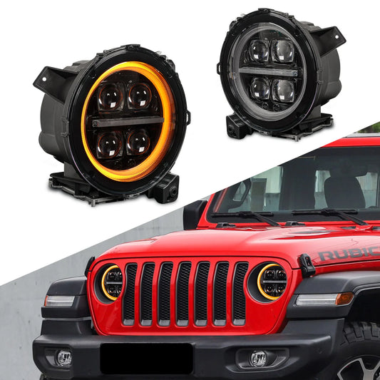 9" 3D Quad Projector LED Headlights with White/Amber DRL for Jeep Wrangler Gladiator JL JT 2018+