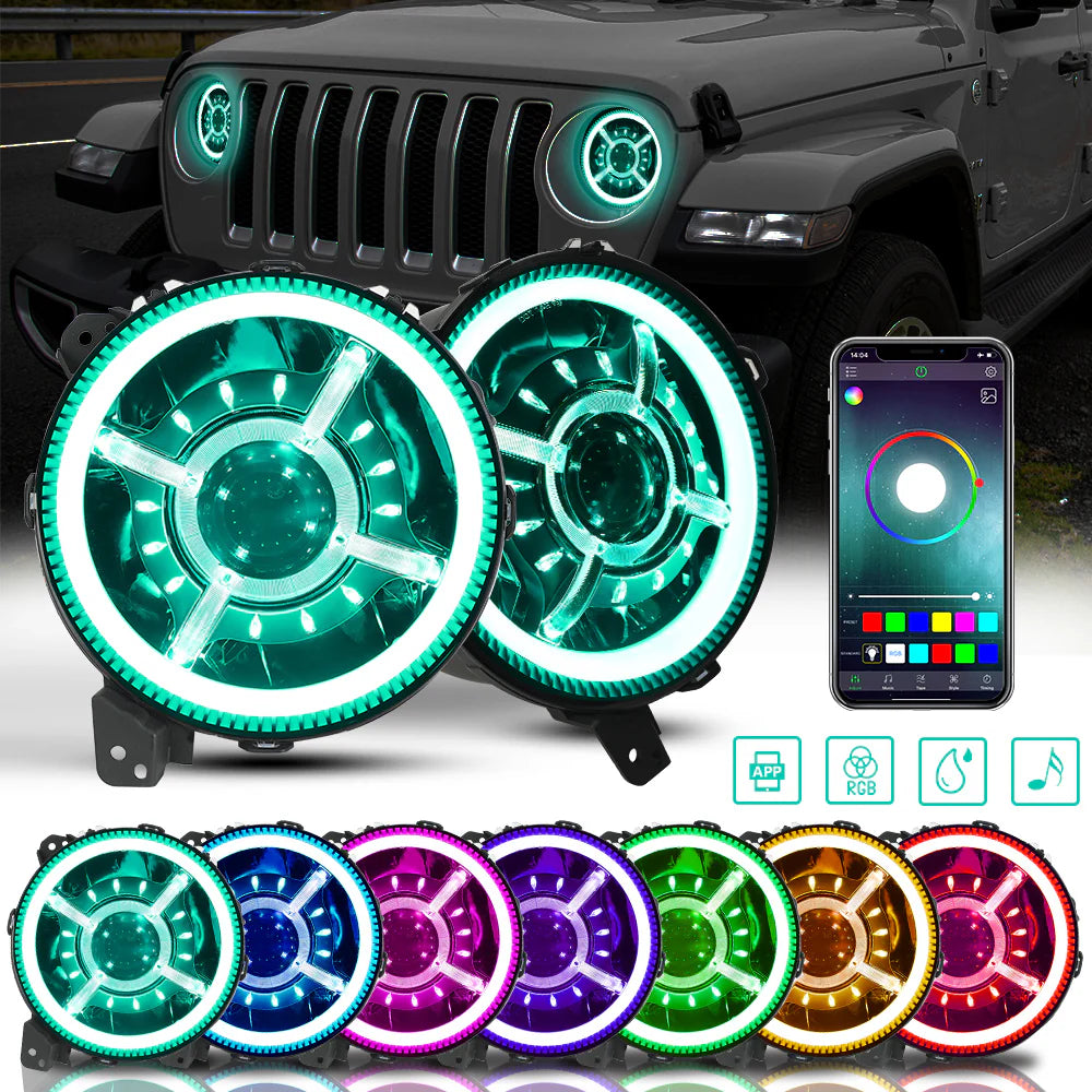 9 Inch RGB Halo LED Headlights for 2018-2024 Jeep JL/JT